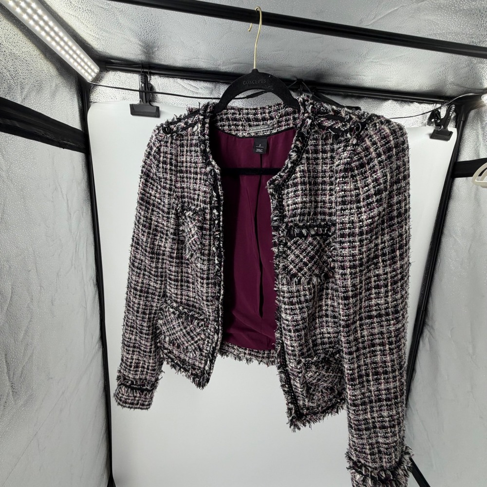 White House Black Market Tweed Fringe Blazer Jacket Pink Black White Size 2